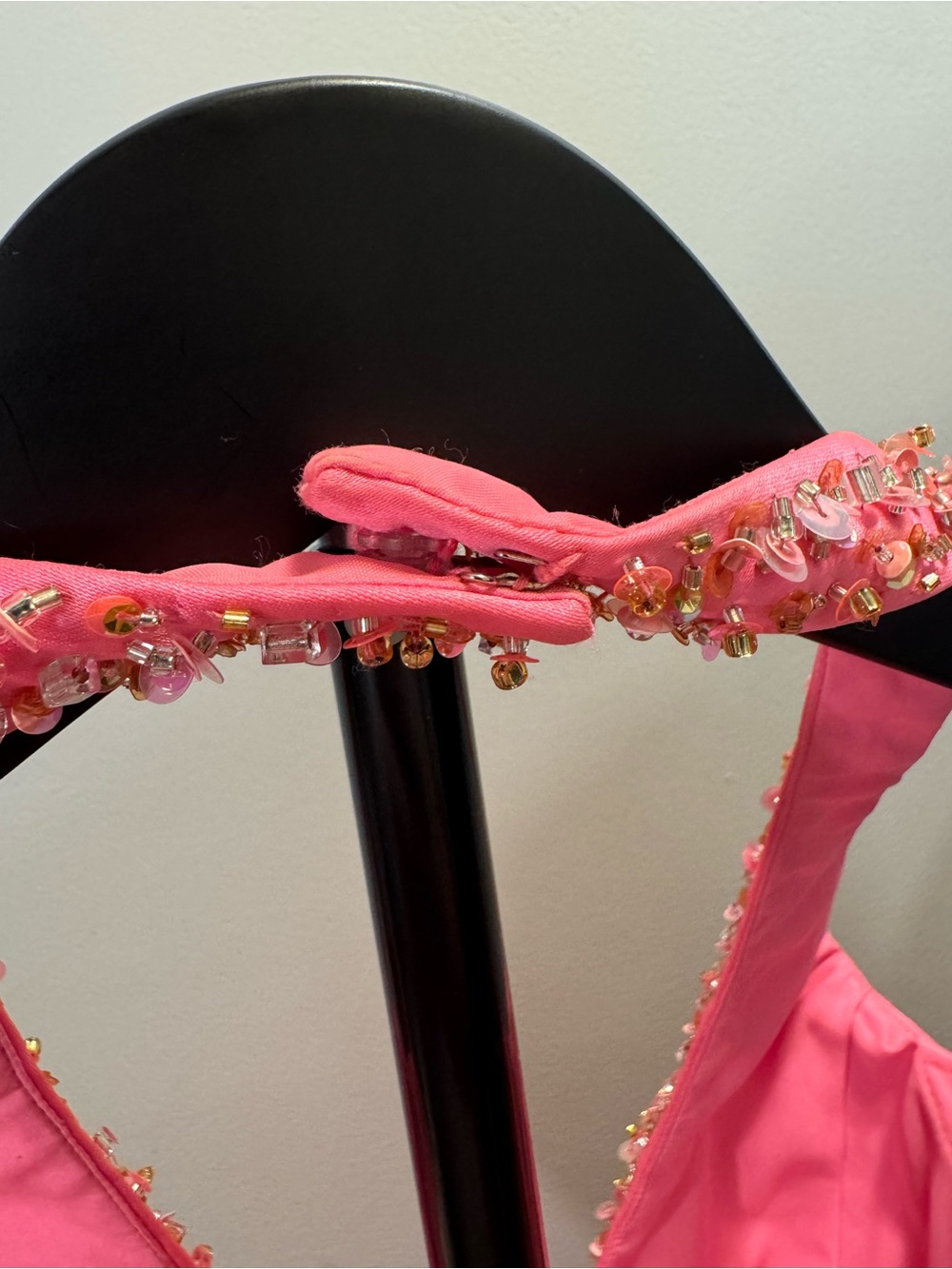 Pink Beaded V-Neck Ruffled Prom Dress - Picture 7 of 12